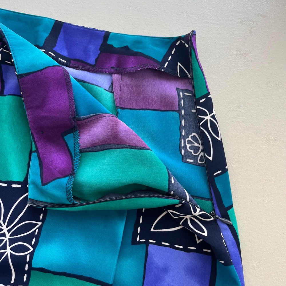 Vintage Michael Taylor 10 Teal Purple Geometric Pattern Pencil Skirt 90 USA Chic - Picture 9 of 10